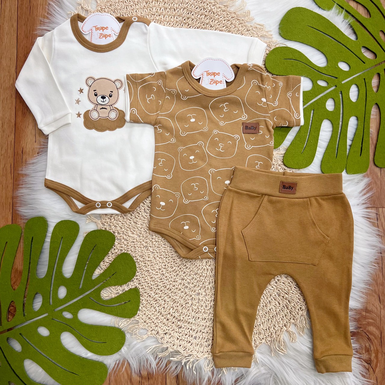 Conj. de Malha 3 peças - Bear Fofinho com Estrelinhas - Caramelo e Off White